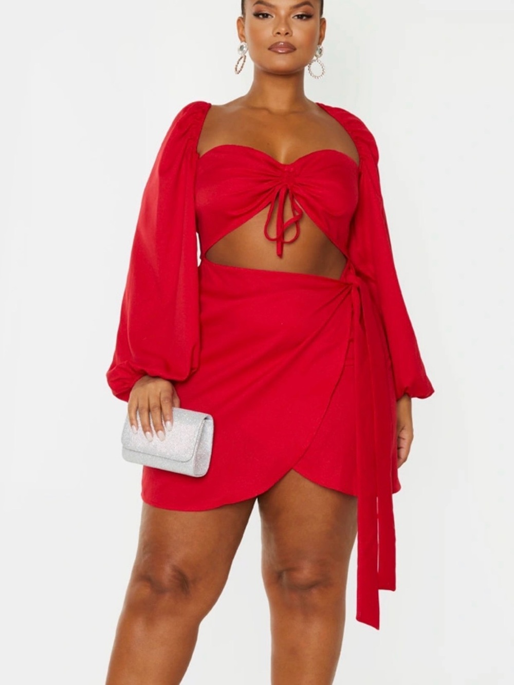 PrettyLittleThing Red Cut-Out Tie Front Mini Dress